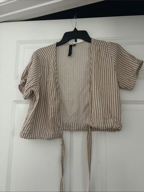 knot sisters Beige and White Striped Cropped Tie-Front Top